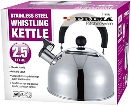 Brand New PRIMA Whistling Stainless Steel Traveling Kettle Fishing Caravan Home Gas 2.5 Litre Holiday Home (Shiny Stainless Steel)