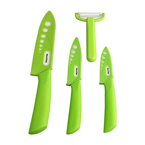 HornTide 4-Piece Kitchen Ceramic Knife Set 3" Paring 4" Utility 6" Chef Knives with 1 Peeler White Blade and Green Handle