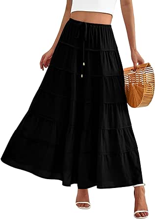 BTFBM Women Summer Tiered Maxi Skirt Drawstring Elastic Mid-Waist A Line Boho Beach Dress Flowy Long Skirts with Pocket