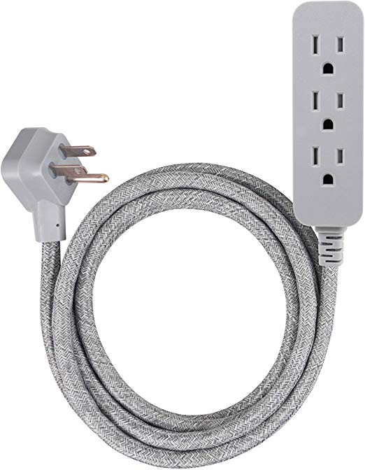 GE Pro 3 Outlet Surge Protector Power Strip, 8 ft Designer Braided Extension Cord, Flat Plug, Wall Mount, Heather Gray, 45916