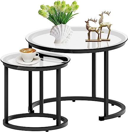 aboxoo Black Nesting Coffee Glass Table Set of 2, Metal Freme Side End Tables for Living Room Bedroom for Apartment Small Place Modern Industrial Simple, 23.6D x 23.6W x 17.7H in