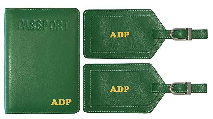 Personalized Monogrammed Emerald Green Leather RFID Passport Cover Holder and 2 Luggage Tags