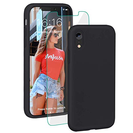 ProBien Case for iPhone XR, Silicone Gel Rubber Shockproof Shell with Free Tempered Screen Protector for New iPhone XR 2018 (6.1")-Black