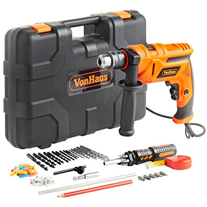 VonHaus 710W 13mm Chuck Impact Hammer Corded Drill Driver 87pc HSS Masonry Drill Bit Accessory Kit Variable Speed – Stainless Steel Depth Control Gauge