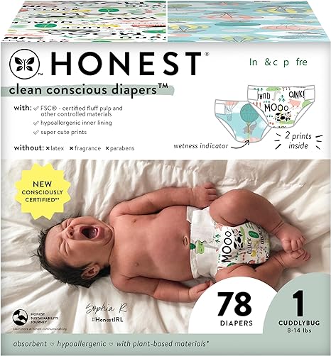 The Honest Company Clean Conscious Diapers | Plant-Based, Sustainable | Above It All   Barnyard Babies | Club Box, Size 1 (8-14 lbs), 78 Count