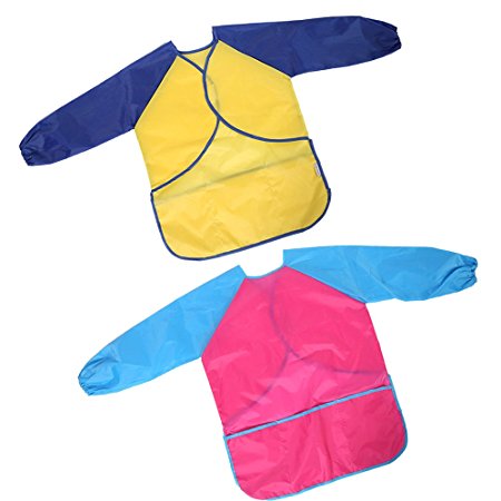 Urgod 2 Pack Waterproof Kids Long Sleeves Painting Aprons Craft Smock With 3 Roomy Pockets, Art Supplies for 2-6 Years Old Children Crafts & painting Activities( Paints and brushes not included)