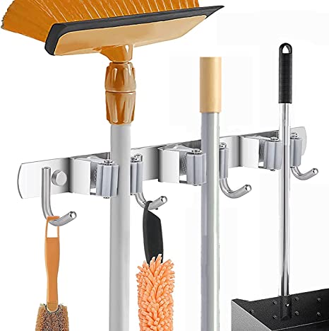 Saxhorn Broom Mop Holder, Stainless Steel Wall Mounted Storage Organizer Tool for Kitchen, Garage, Garden, Landry, Bathroom Organization and storage (3 Rack)
