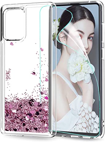 LeYi for Samsung Galaxy S10 Lite Case and Screen Protector,Girl Clear Glitter Crystal Quicksand Cute Personalised Silicone TPU Shockproof Hard Phone Cover for Samsung S10 Lite/A91 Rose Gold