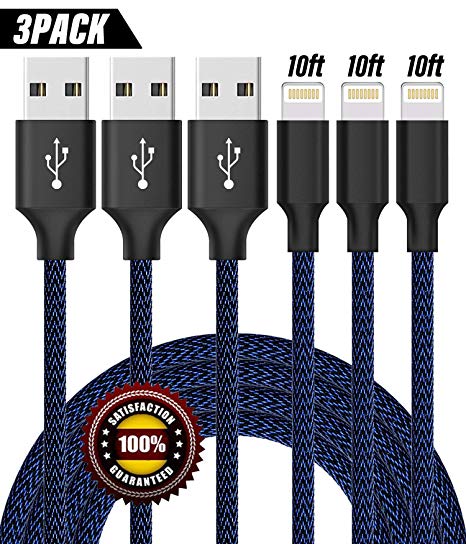Neatlo Phone Cable 3Pack 10FT Nylon Braided Phone Charger Cord Compatible with Phone Xs/XS Max/XR/X/Phone 8 8 Plus 7 7 Plus 6s 6s Plus 6 6 Plus Pad Pod Nano - Black Blue
