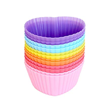 Mirenlife Reusable and Non-stick Silicone Baking Cups/Cupcake Liners/Muffin Cup Molds in Storage Container-12 Pack-6 Vibrant Colors Heart