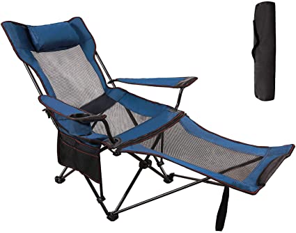 RedSwing Recliner Camping Chair with Footrest, Heavy Duty Folding Camp Chairs for Adults 300 lbs, Lightweight Portable for Outdoor, Blue with Mesh Back