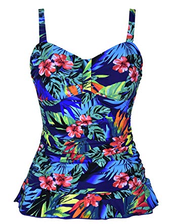 Hilor Women's 50's Retro Ruched Tankini Swimsuit Top with Ruffle Hem