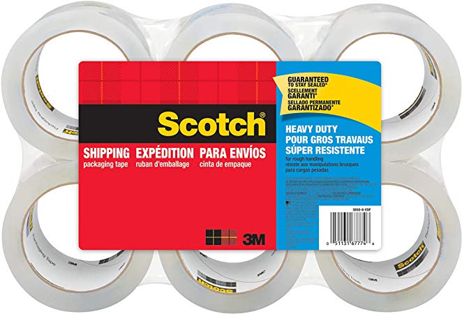 Scotch Packing Tape Heavy Duty Shipping Tape, 1.88" x 50m, 6 Rolls