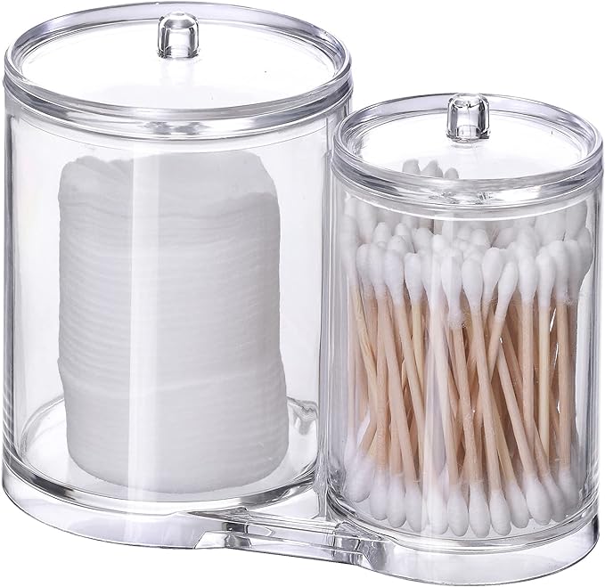 Clear Acrylic Cotton Swab Holder Makeup Cotton Pads Container with Double Lids Cosmetic Jars Bathroom Storage Dispenser Case for Cotton Pads Cotton Rounds Q-Tips
