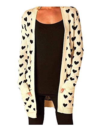 Rimi Hanger Womens Open Front Heart Printed Chunky Knitted Cardigan Ladies Long Sleeve Front Pockets Sweater S/3XL