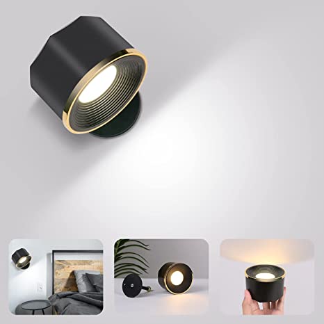 Vicloon LED Wall Light, Bedroom Wall Light Indoor lamp with Warm/Natural/White Light, 16 Brightness Modes, Touch Control, Remote Control, 360° Rotate, Wall Lamp for Bedroom Cabinet (Black)