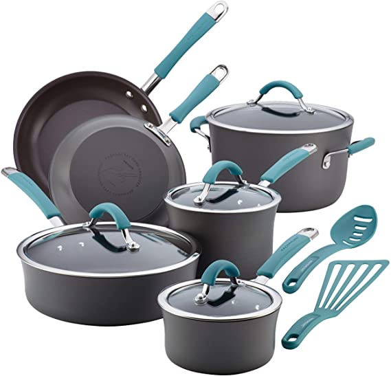 Rachael Ray 87641 Cucina Hard Anodized Nonstick Cookware Pots and Pans Set, Aluminum, Gray with Blue Handles