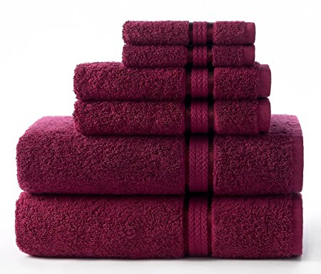 Cotton Craft Ultra Soft 6 Piece Towel Set Burgundy, Luxurious 100% Ringspun Cotton, Heavy Weight & Absorbent, Rayon Trim - 2 Oversized Large Bath Towels 30x54, 2 Hand Towels 16x28, 2 Wash Cloths 12x12