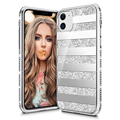 VEGO Glitter Case Compatible for iPhone 11, Bling Sparkle Bumper Fancy Cute Fashion Diamond Rhinestone Girls Women Compatible for iPhone 11 Case 6.1 inch (Stripe Silver)