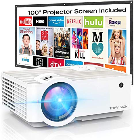 Video Projector, TOPVISION 4500Lux Portable Mini Projector with 100” Projector Screen, 1080P Supported, Built in HI-FI Speakers, Compatible with Fire Stick, HDMI, VGA, USB, TF, AV, PS4
