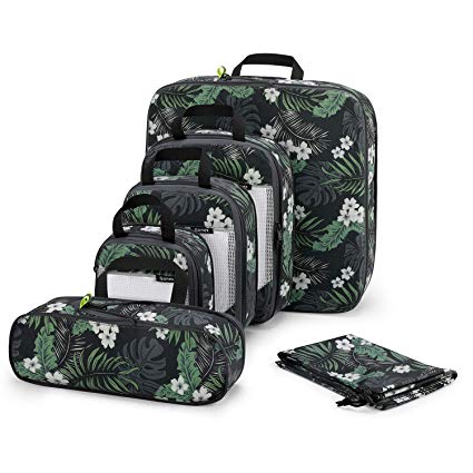 Gonex 6pcs Travel Compression Packing Cubes Set, Extensible Storage Mesh Bags, Water Repellent Polyester Flower Printed Travel Clothes Organizers Luggage Cubes with Laundry Bag, Multiple Sizes