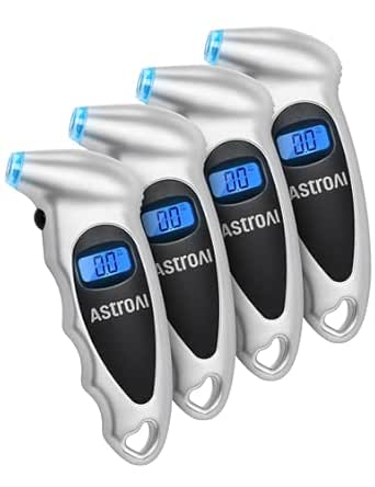 AstroAI Tire Pressure Gauge Digital 0-150PSI (Accurate in 0.1 Increments), 4 Units Stocking Stuffers for Car Truck Bicycle with Backlight LCD and Presta Valve Adaptor, Sliver (4 Pack)