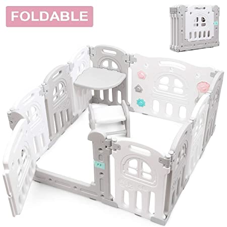 Costzon Baby Playpen, 10-Panel Foldable Kids Safety Playard Activity Center w/Table Panels, Seat Stool, Lockable Gate & Educational Toys, Adjustable Shape, Portable Indoor Outdoor Use (Gray  White)