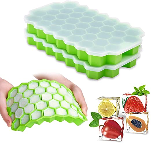 Ice Cube Trays with Lids, 2 Pack Silicone Ice Cube Molds with Lid Flexible 74-Ice Trays BPA Free, for Whiskey, Cocktail, Stackable Flexible Safe Ice Cube Molds