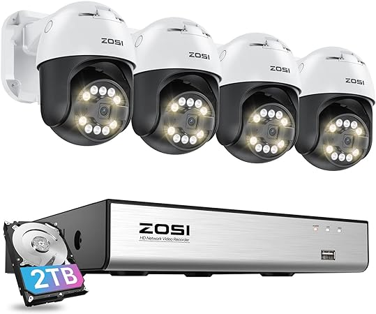 ZOSI 4K PoE Security Camera System with AI Face Person Vehicle Detection, 4 x 5MP 3K Outdoor Auto Tracking PT PoE Camera with 5X Digital Zoom, 2-Way Audio, 8CH 8MP NVR with 2TB HDD (16CH Expandable)