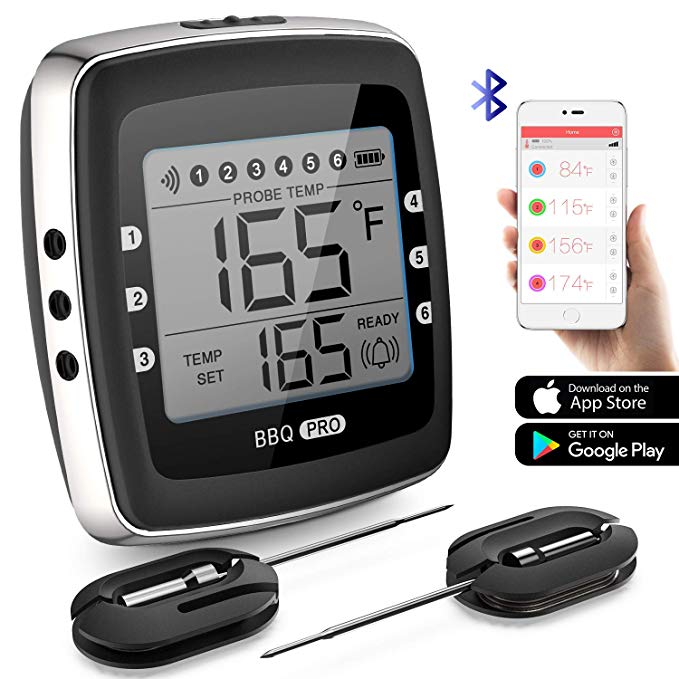 Wireless Meat Thermometer, POVO Bluetooth Digital BBQ Thermometer Grill Thermometer with 2 Stainless Probes Remote Monitor for Cooking Smoker Kitchen Oven, Support IOS & Android