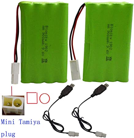 Blomiky 2 Pack 9.6V 700mAH Ni-Cd AA Battery Pack with Mini Tamiya Connector Plug and Charger Cable for 15MPH RC Truck D181 New Battery 2