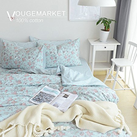Vougemarket Lightweight Summer Cotton 3 Pieces Duvet Cover Set Queen/Full/King Bedding Set,Floral Pattern Design-Full/Queen,Floral B