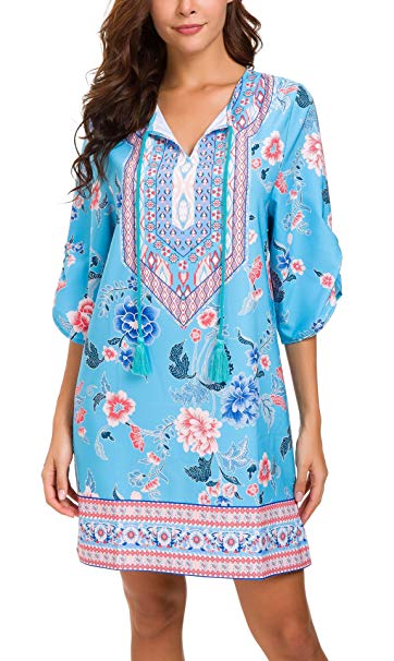 Women Bohemian Neck Tie Vintage Printed Ethnic Style Summer Shift Dress