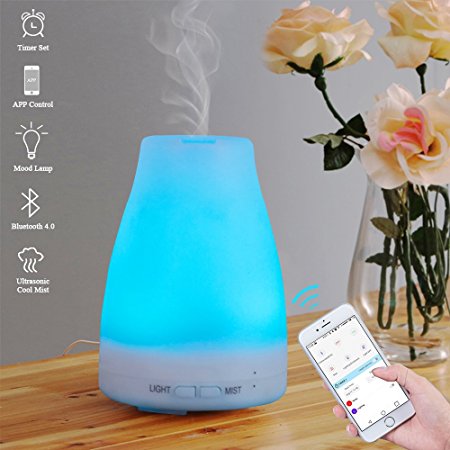 E-Diffuser Smart Aroma Essential Oil Diffuser- Bluetooth App Control Ultrasonic Cool Mist Humidifier with Timer Function and 7 Color LED Lights Changing, Perfect for Home Office Baby Room Yoga SPA