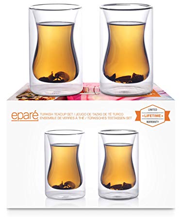 Eparé Insulated Glass Tea Cup Set (6 oz, 180 ml) - Double Wall Infuser Tumbler Cups – Mug for Drinking Turkish Coffee, Espresso, Matcha, Detox or Fit Chai – 2 Glasses