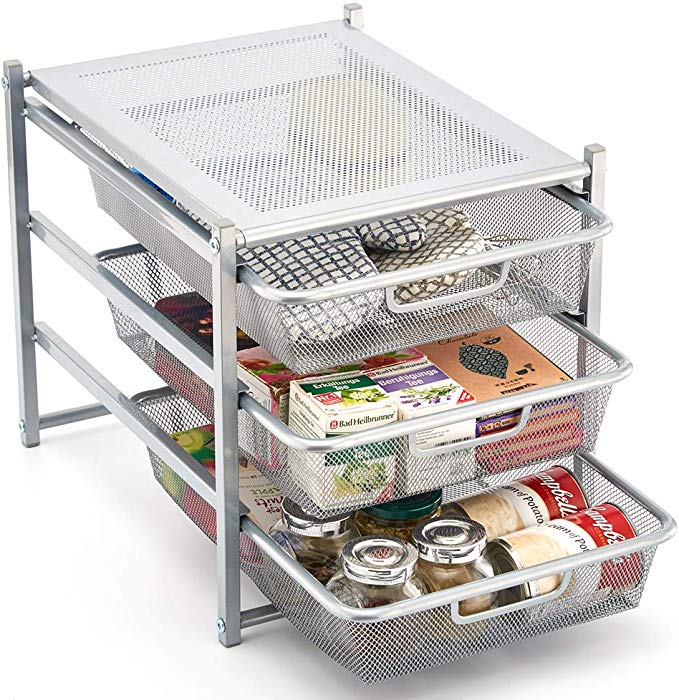 EZOWare 3 Tier Pull Out Organizer Cabinet Sliding Drawers for Bathroom, Office, Countertop, Pantry, k-Cups, Under The Sink, and Kitchen - Silver