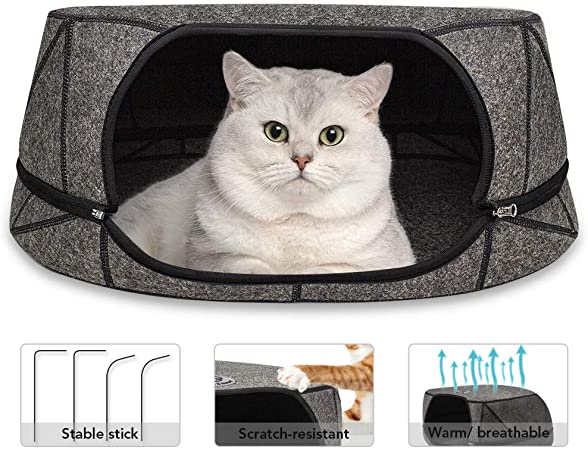 Felt Cat Bed Cave with Detachable & Collapsible Zipper Top, 2 in 1 Washable House Tent Bed for Pets, Large Interior & Entrance Modern Design Convertible Cuddler