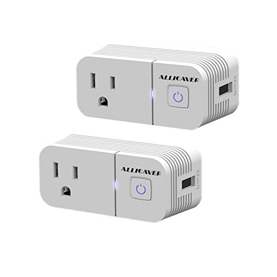 Smart Plug Compatible with Alexa,ALLICAVER 2 Pack Wifi Smart Socket with Amazon Echo & Google Assistant,Remote Control Outlet Light Switch,Timing Function with USB Charging Port 2.1A