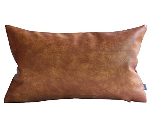 Kdays Thick Faux Leather Pillow Cover Tan Decorative For Couch Throw Pillow Case Brown Leather Cushion Cover Solid Color Leather Pillow 12x20 Inches