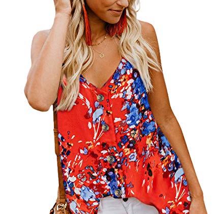 OEUVRE Women V Neck Button Down Casual Spaghetti Strap Blouses Summer Sleeveless Shirts