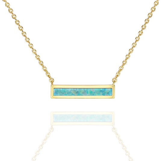 PAVOI 14K Gold Plated Thin Bar Green/White Created Opal Necklace Pendant 16-18"