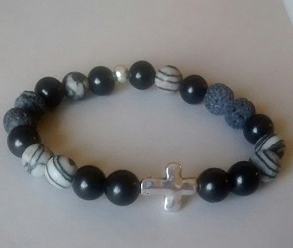 Zebra Jasper & Black Bead Cross Aromatherapy Bracelet in Gift Bag- Optional Essential Oil Available