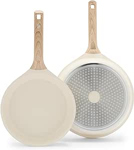 GreenLife Arte 2-Piece Frying Pan Set, 9.5" and 11" Frypans, Induction Suitable, PFAS-Free, PFOA-Free, Wood Print Handles, Dishwasher Safe, Speckled Cream