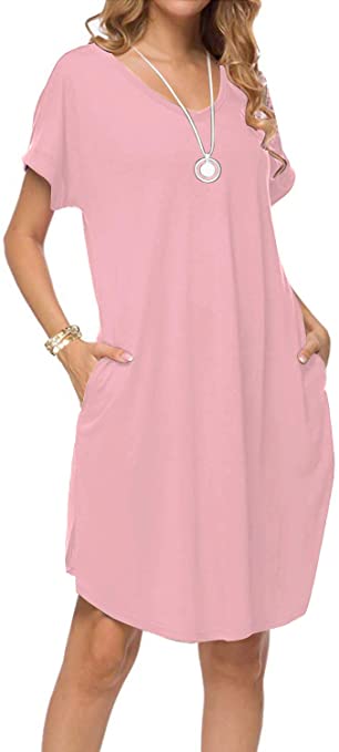 Arolina Women's Summer Casual Loose Dresses Short Sleeve V Neck Split Midi Dress with Pockets