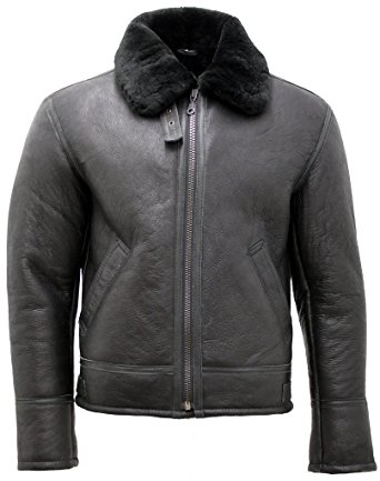Men's Black 'Air force' Real Shearling Sheepskin Fur Flying Leather Jacket