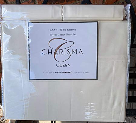 Charisma Queen Ivory 400 Thread Count 6 Piece Sheet Set 100% Cotton Luxurious Sateen