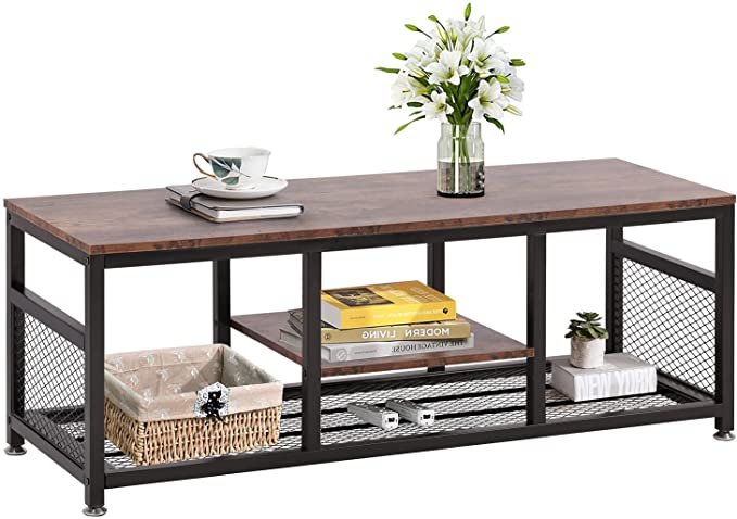 VECELO Coffee 47” Industrial Console Cocktail Tea Tables with 2-Tier Storage Shelves for Home Office Living Room, Brown