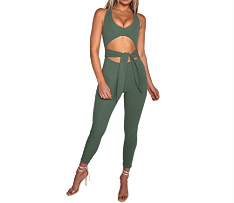 Xuan2Xuan3 Womens Sleeveless Sexy Cut Out Bodycon Unitard Club Jumpsuits Rompers Bodysuit With Belt
