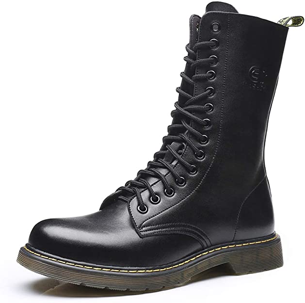 KENSBUY Men’s Leather Combat Boots Fashion Retro Mid Calf Boots Lace up Mens Work Boots