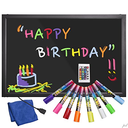 Ivation Electronic Flashing Illuminated Erasable Neon LED Message Writing Board, Restaurant Menu Sign with LED Color Control Remote also Kids / children art and crafts / school / teacher - 6 Colored Fluorescent Markers - Powered Via USB Cable w/Inline Selector Switch, or Via Wall Adaptor - Black